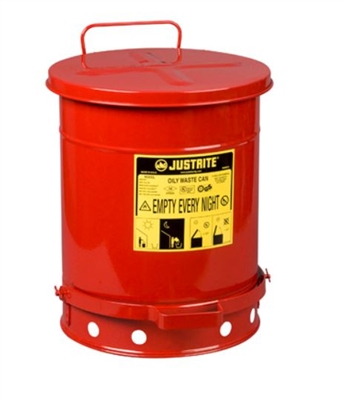 Justrite 09300 10 Gallon Red Oily Waste Can - 13-15/16" x 18-1/4" Foot Operated