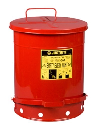 Justrite 09500 14 Gallon Red Oily Waste Can - 16-1/16" x 20-1/4" Foot Operated