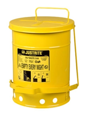 Justrite 09101 6 Gallon Yellow Oily Waste Can - 11-7/8" x 15-7/8" Foot Operated