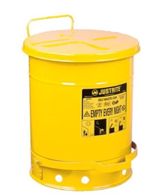 Justrite 09301 10 Gallon Yellow Oily Waste Can - 13-15/16" x 18-1/4" Foot Operated